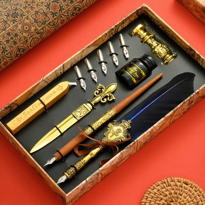 Retro feather pen set business gift pen and ink Set European style dip pen student British creative Valentines Day gift