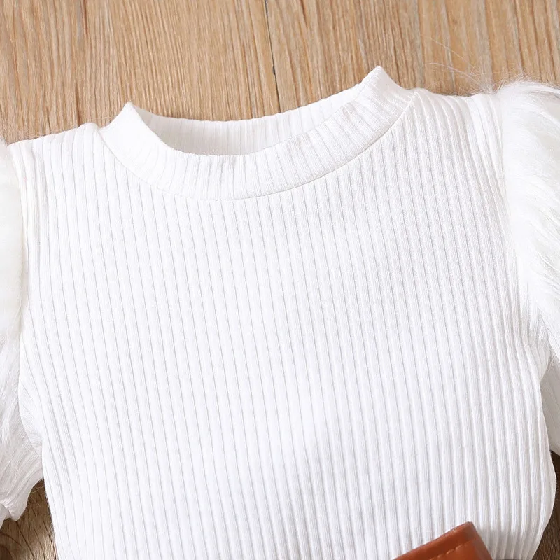 Summer Children Short Sleeve Ribbed Cotton White Tshirts Brown Leather Skirts Kids Suit for Girls
