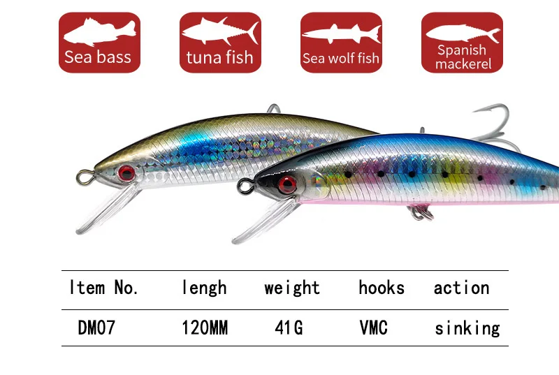 120mm 41g sea fishing plastic Long Casting  Sinking  Bass tuna  minnow fishing lure with VMC treble hook