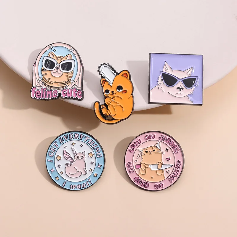 New cartoon can love sunglasses cat circular letter chainsaw cat shape design cute jewelry brooch