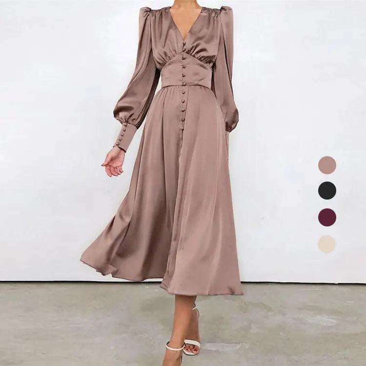 2022 Spring Puff Sleeve Satin Ladies Ruched V-Neck Party Dresses Pleated Elegant Bodycon Midi Dress Women