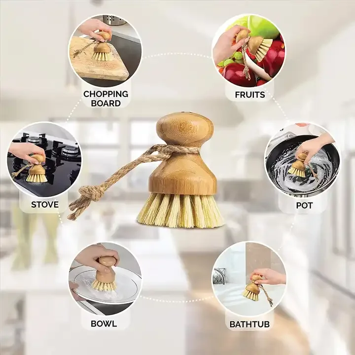 Hot Selling Kitchen Cleaning Brush Sisal Thick Brown Short Handle Round Dish Brush Dishwashing Bamboo Wood Pot Brush