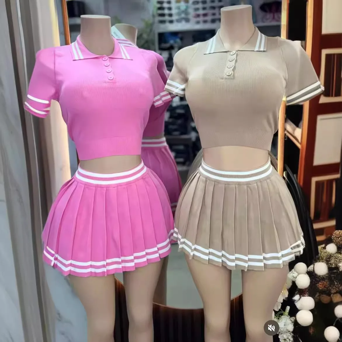 Women Striped Pleated Skirts Set and Polo-collar T-shirt 2024 Summer Tennisball outfit skirt 2 piece set women