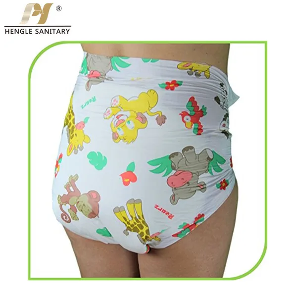 Wholesale disposable high water absorbent animal cartoon printed PE film cheap adult diapers provide free samples for hospitals