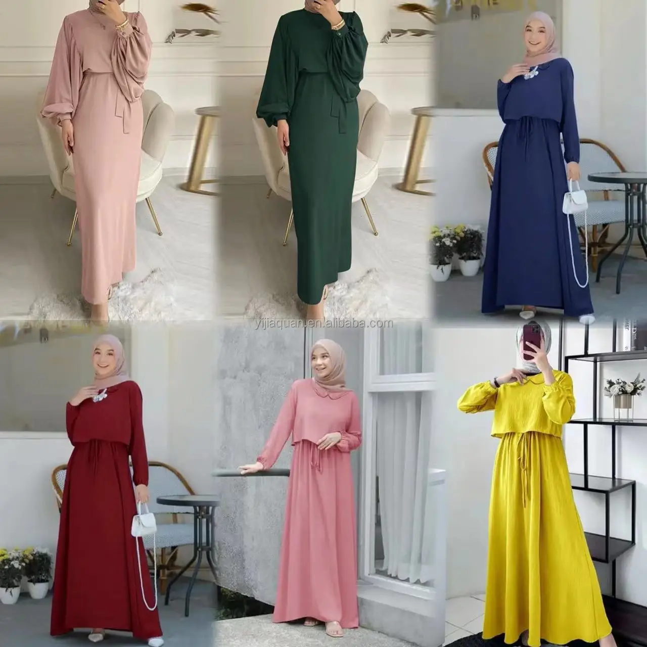 Dubai Women Muslim Dress tailored solid color pleated chiffon Islamic moderate dress with belt long sleeve Abaya