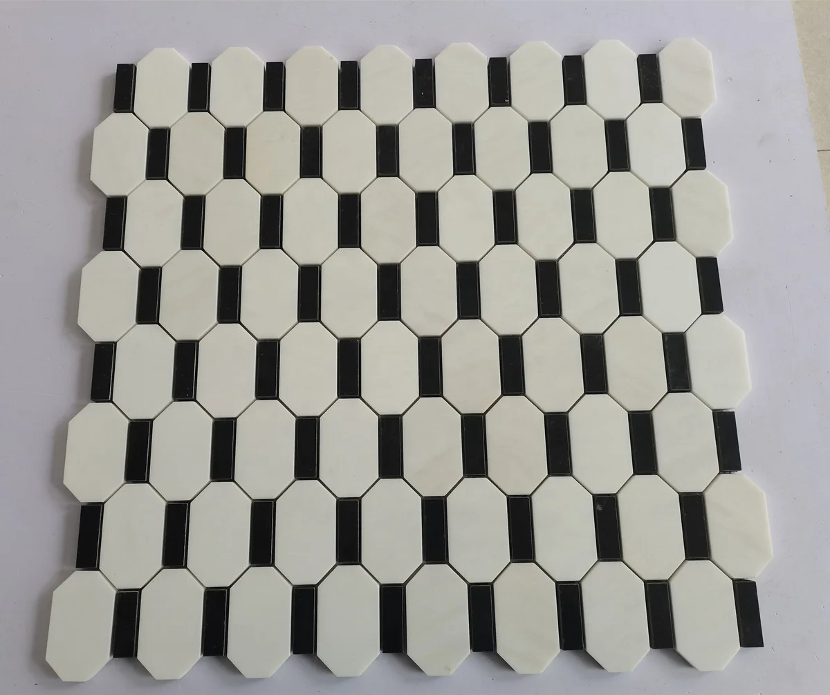 Century Mosaic Natural Stone Marble White Black Octagon Strip Mosaic Tile Flooring Wall