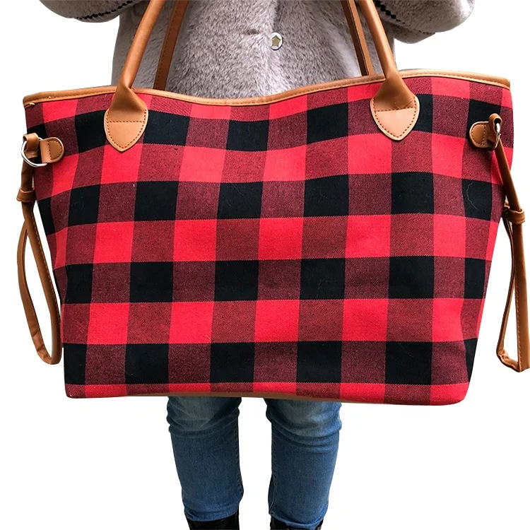Hot Sale Women Buffalo Plaid Rainbow Striped Large Tote Bag