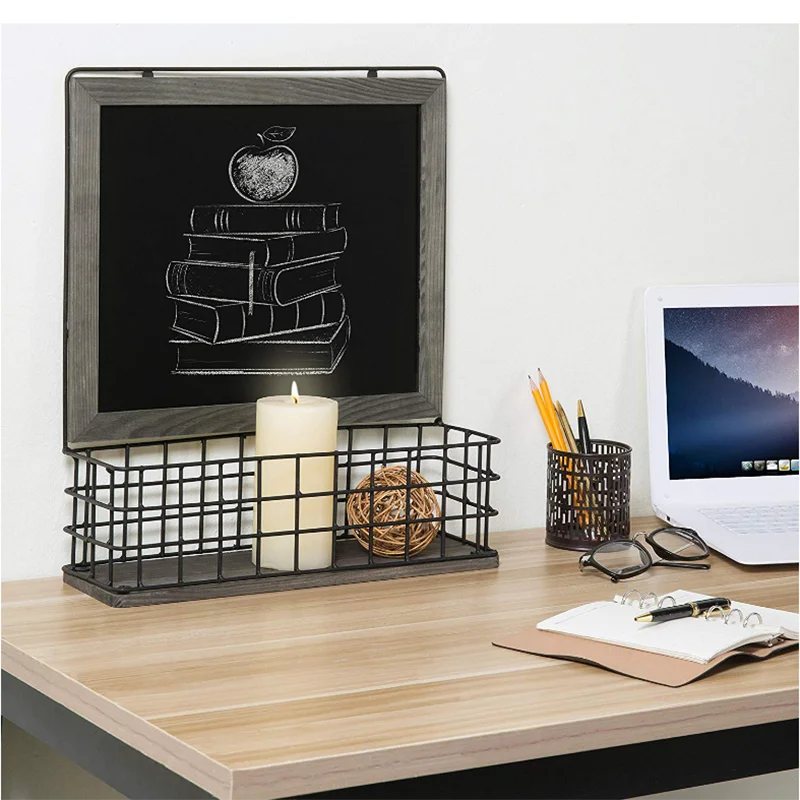 Magnetic Chalk Board with Wooden Frame Wall Storage Basket Organizer for Wall Decor Metal Wire Holder Mail Sundries Holder