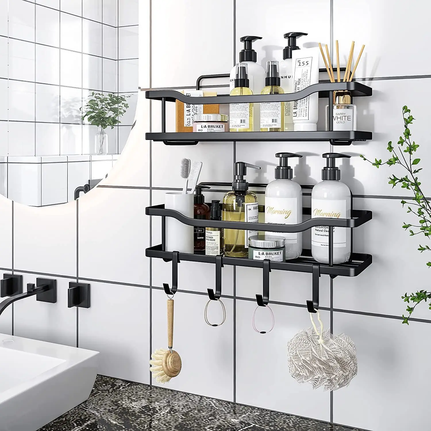 Bath Corner Shower Shelves Adhesive Caddy, Bathroom Shelf Wall Mounted, No Drilling Kitchen Racks Shower Organizer Basket