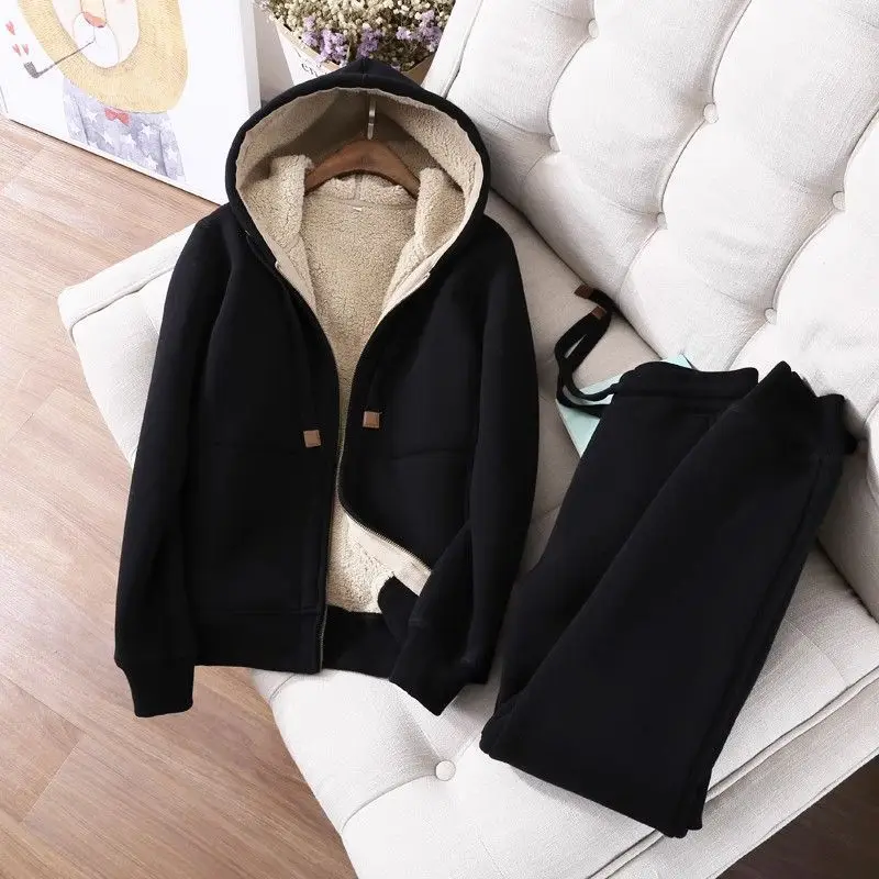 New Japan Korea version plush thickened casual hooded sweatshirt sweatpants suit for Autumn & Winter Hot Sale