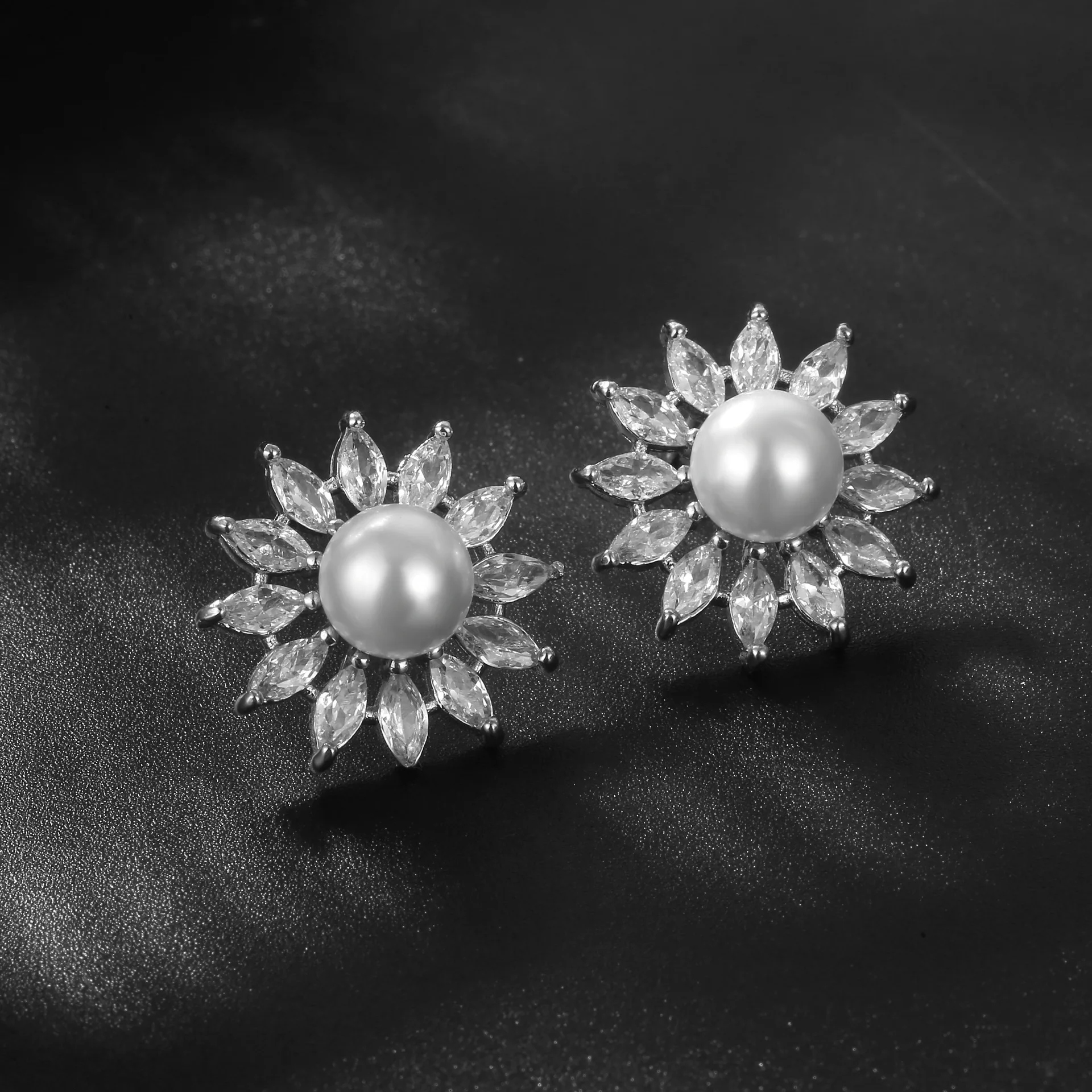  Hainon cheap jewelry set stud earring necklace Flower White zircon Pearl 925 silver plated white Cheap