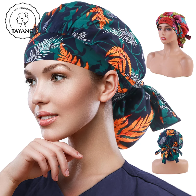 New Design Cotton Tropical Leaves Print double Layer Satin Lined Medical Surgical Cap With Long Thin Strip
