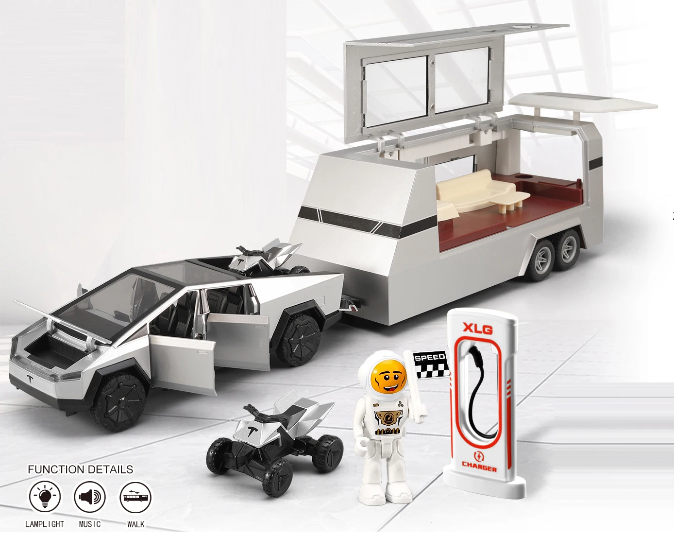 1/24 Die Cast Tesla Cyber Truck Opened Door Pull Back Pick Up Model  With Light&Sound And Alloy Motorbike Die-Cast Car Model