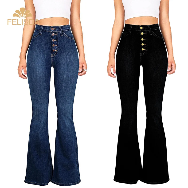 Women Streetwear Flared Jeans Elastic Plus Size Button Trousers Casual Boot Cut Pants High Waisted Stretch Blue Denim Jeans