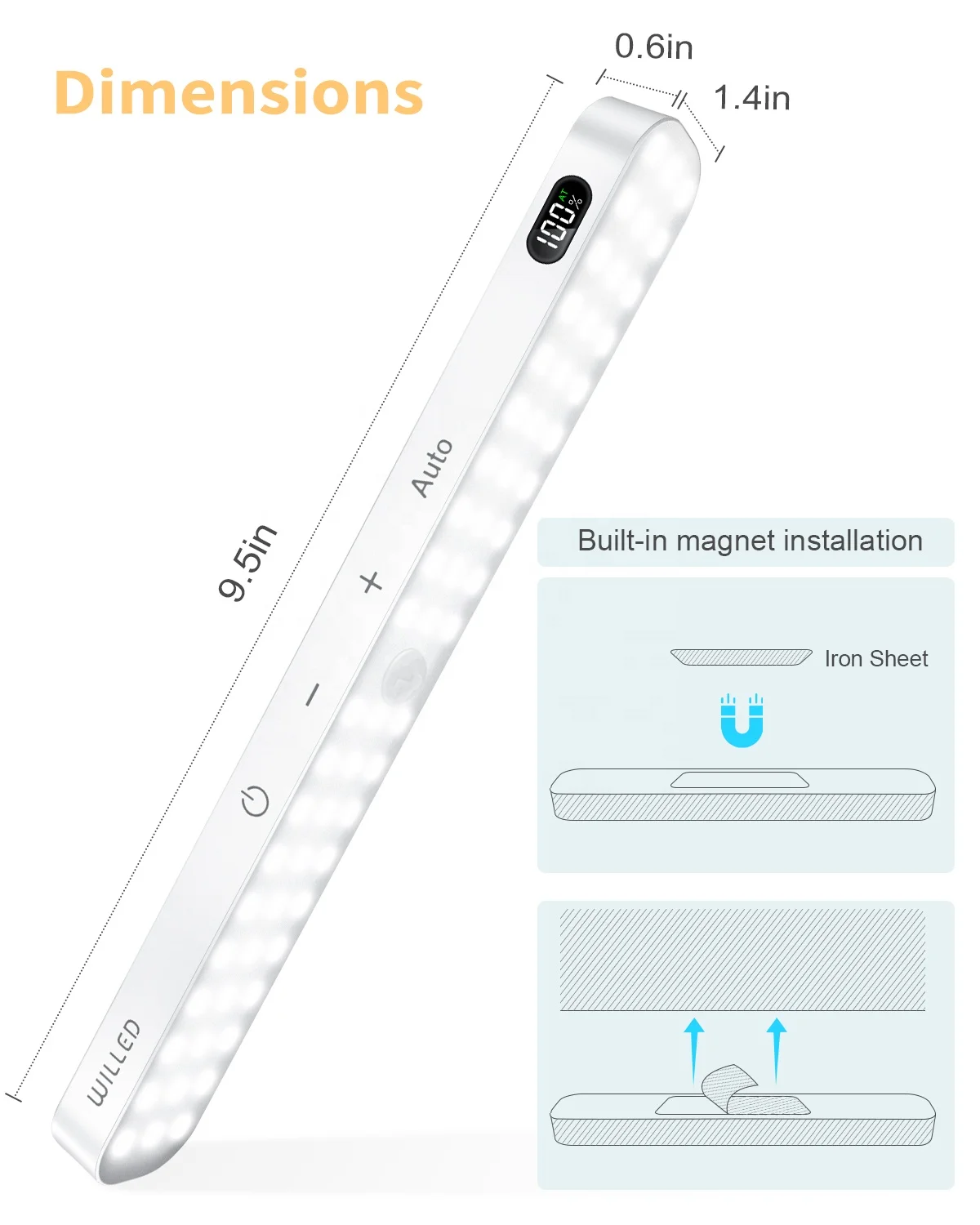 Motion Sensor Under Cabinet Light , Battery Display, 60 LED Touch Light Bar, Rechargeable, Stick on, Wardrobe, Closet, Counter