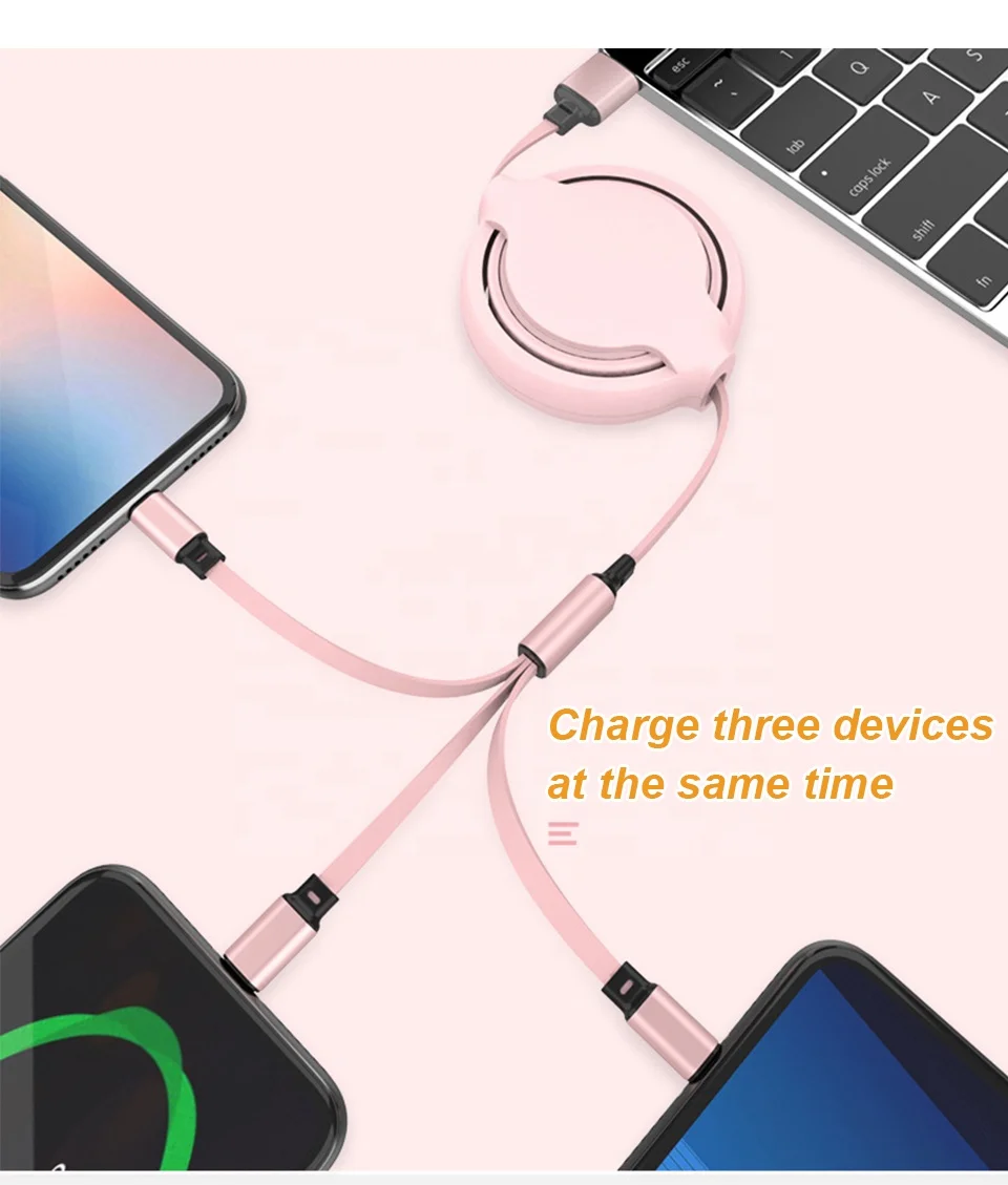 Candy Color Custom Logo Universal QC3.0 Retractable 3 in 1 USB Quick Charging Charger Cable