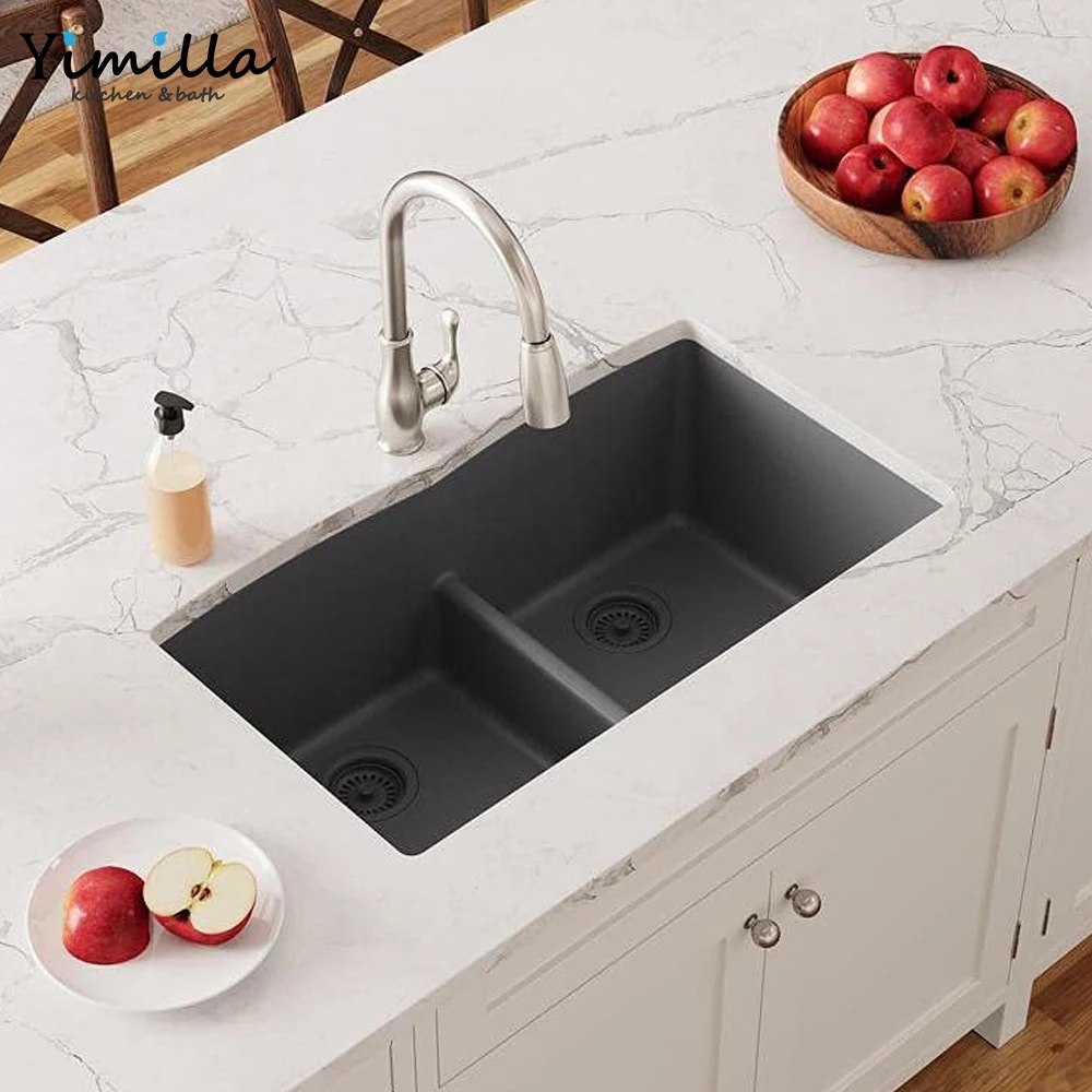Hot sale South America CUPC/UPC sink drainer Undermount Double Equal Bowl Quartz Kitchen Sink in light grey