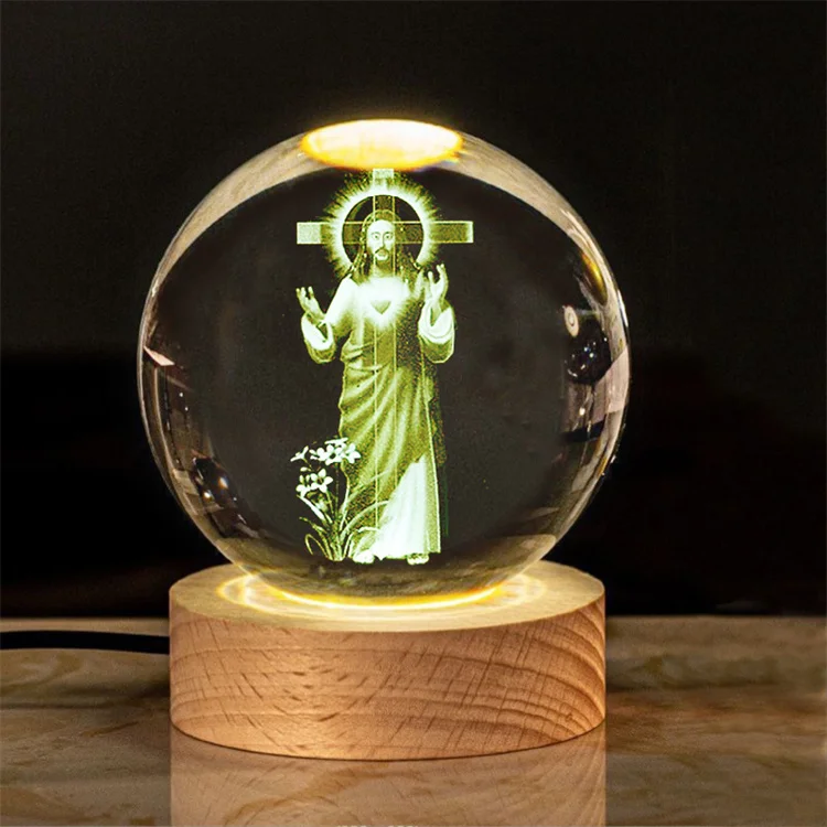 Wholesale 80mm Jesus    Crystal Ball Night Light Ornaments 3d Crystal Ball Lamp with led Base