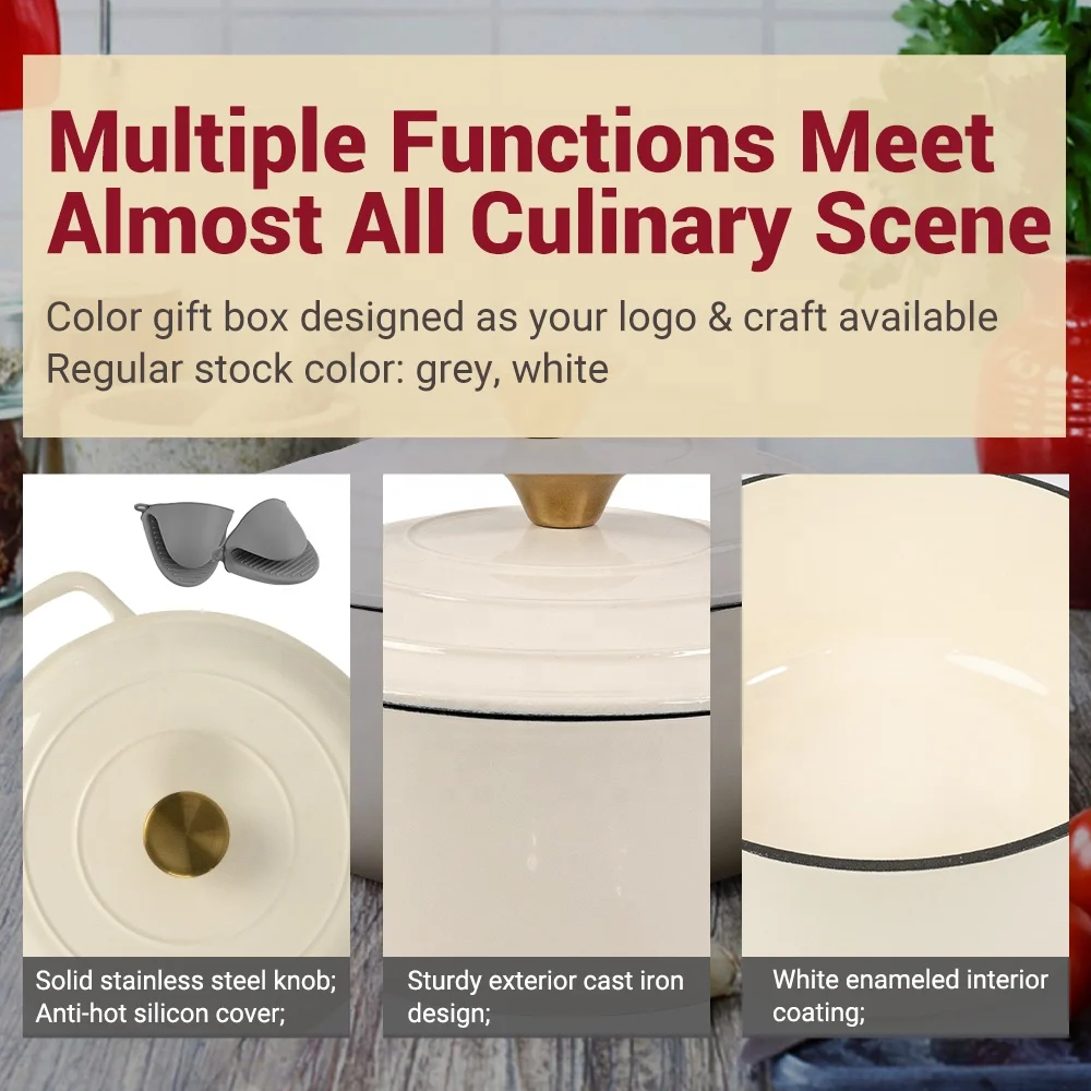 Cookercool hot sell cast iron white enamel nonstick kitchen cookingware pots sets with Gold