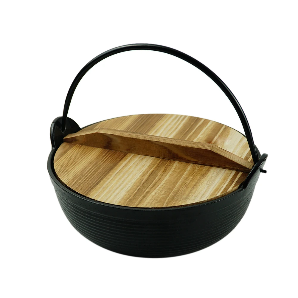 Pre-Seasoned Cast Iron Soup Pot Stew Pot Japanese Sukiyaki Pot with Wood Cover