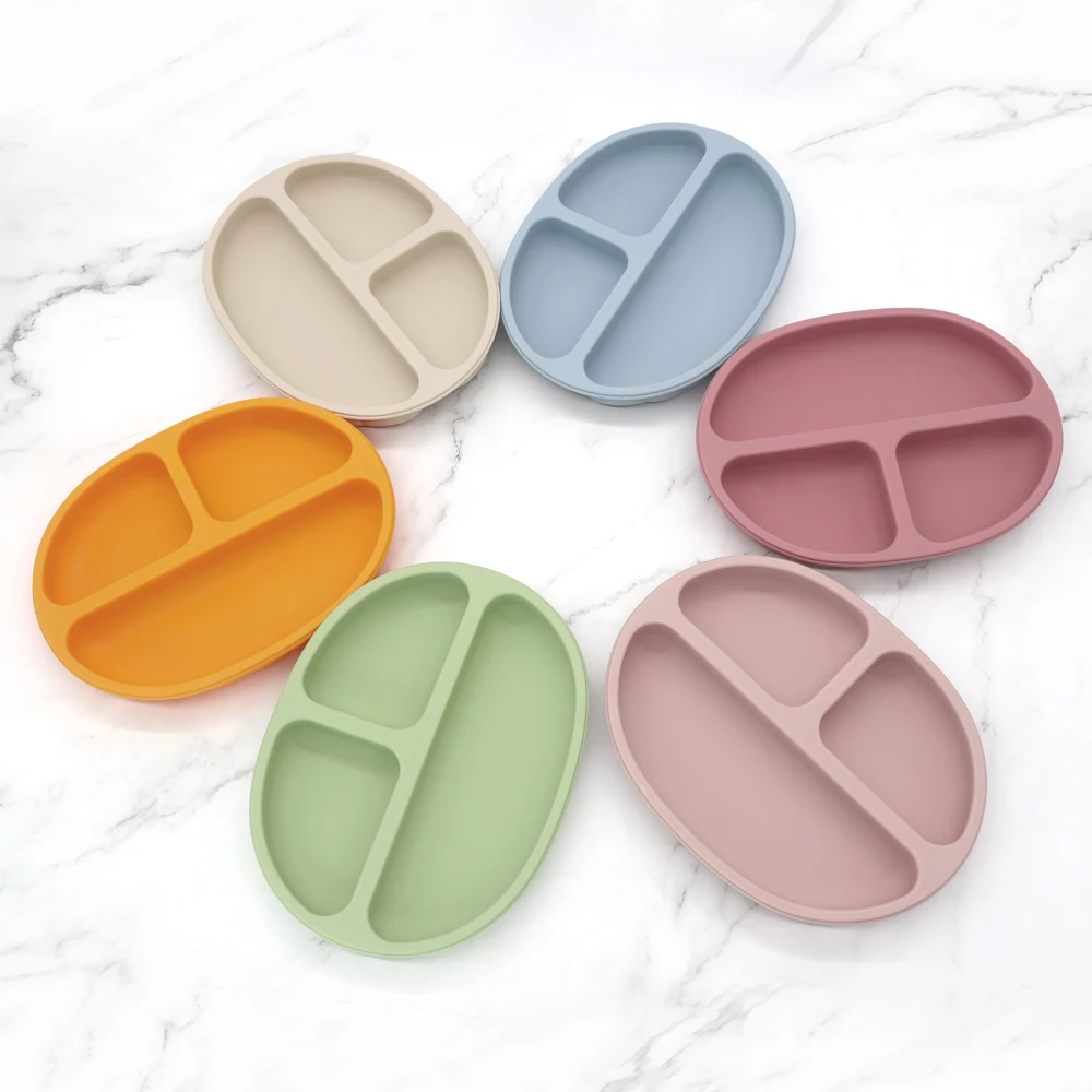 Factory Custom Kids Dining Feeding Plate Baby Utensils Soft 4 Suckers Baby Food Dish Silicone Baby Plate Suction