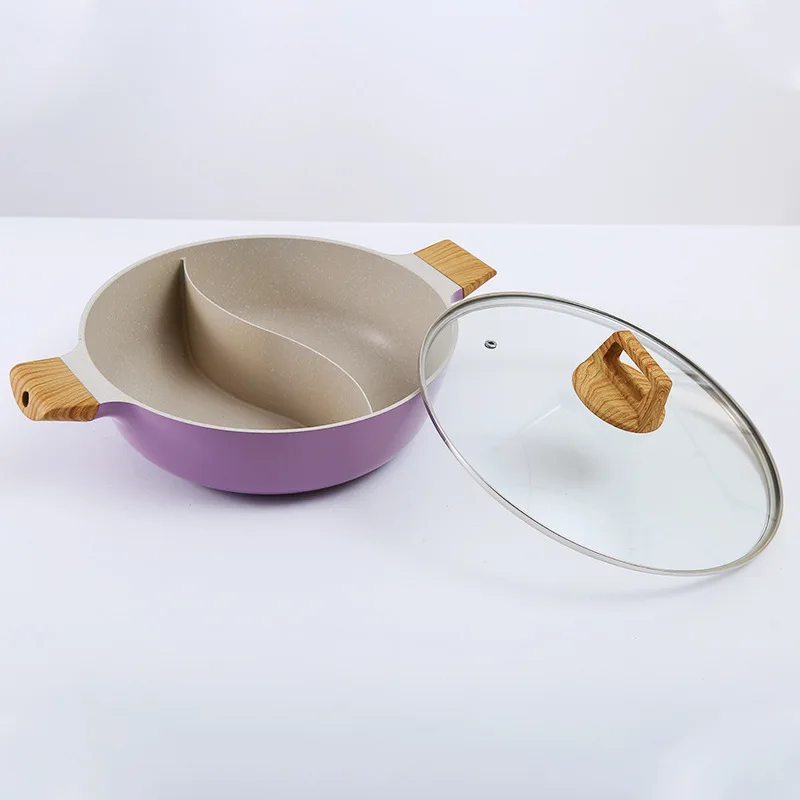 Modern Classic 2 PCS Die-Cast Aluminum Cooking Pots Set Complete Size Non-Stick Wooden Handle Induction Bottom Hot Pot 30cm