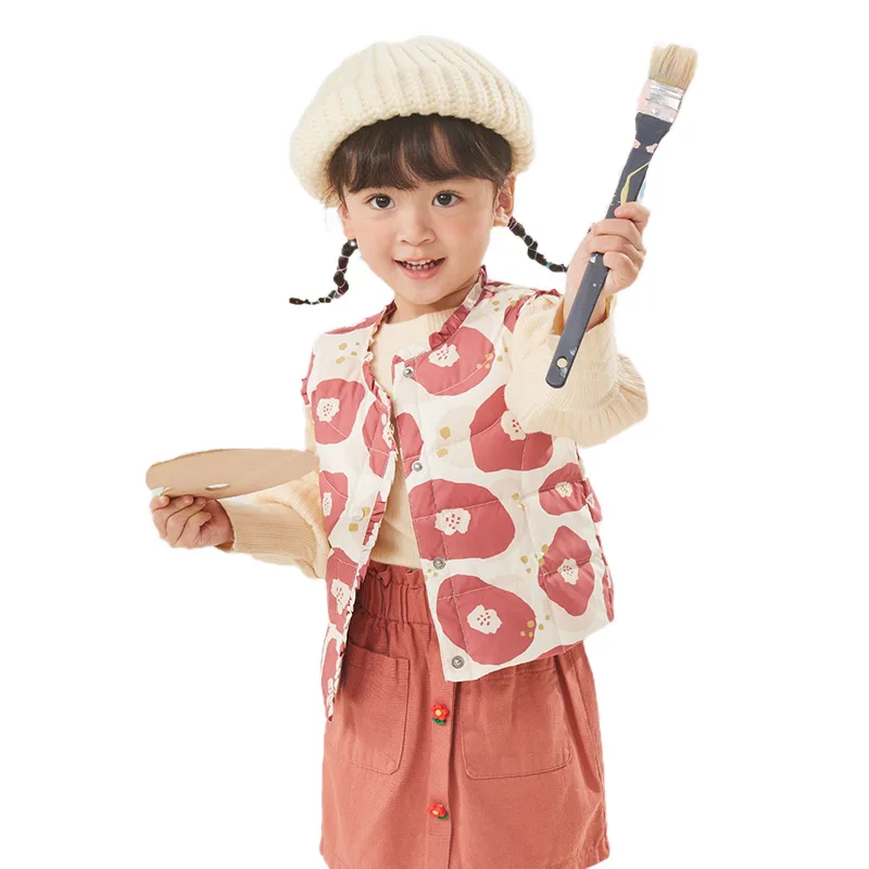 Flower printed sleeveless down coat child puffer down jacket girls winter warm clothes kids down jacket