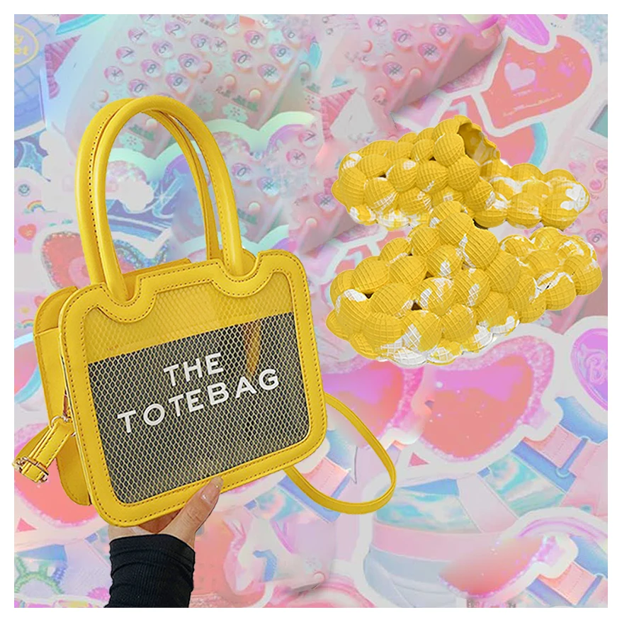 2022 Fall Trend Tie Dye Yellow Bubble Slippers Slides and The Tote Bag Y2K Fashion Handbag  and Purse