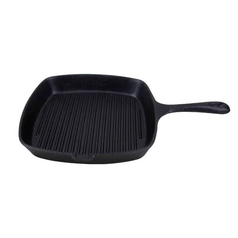 Pre-seasoned 24cm Square Ribbed Cast Iron Frying Pan Skillet Steak Sizzle Platter with Handle