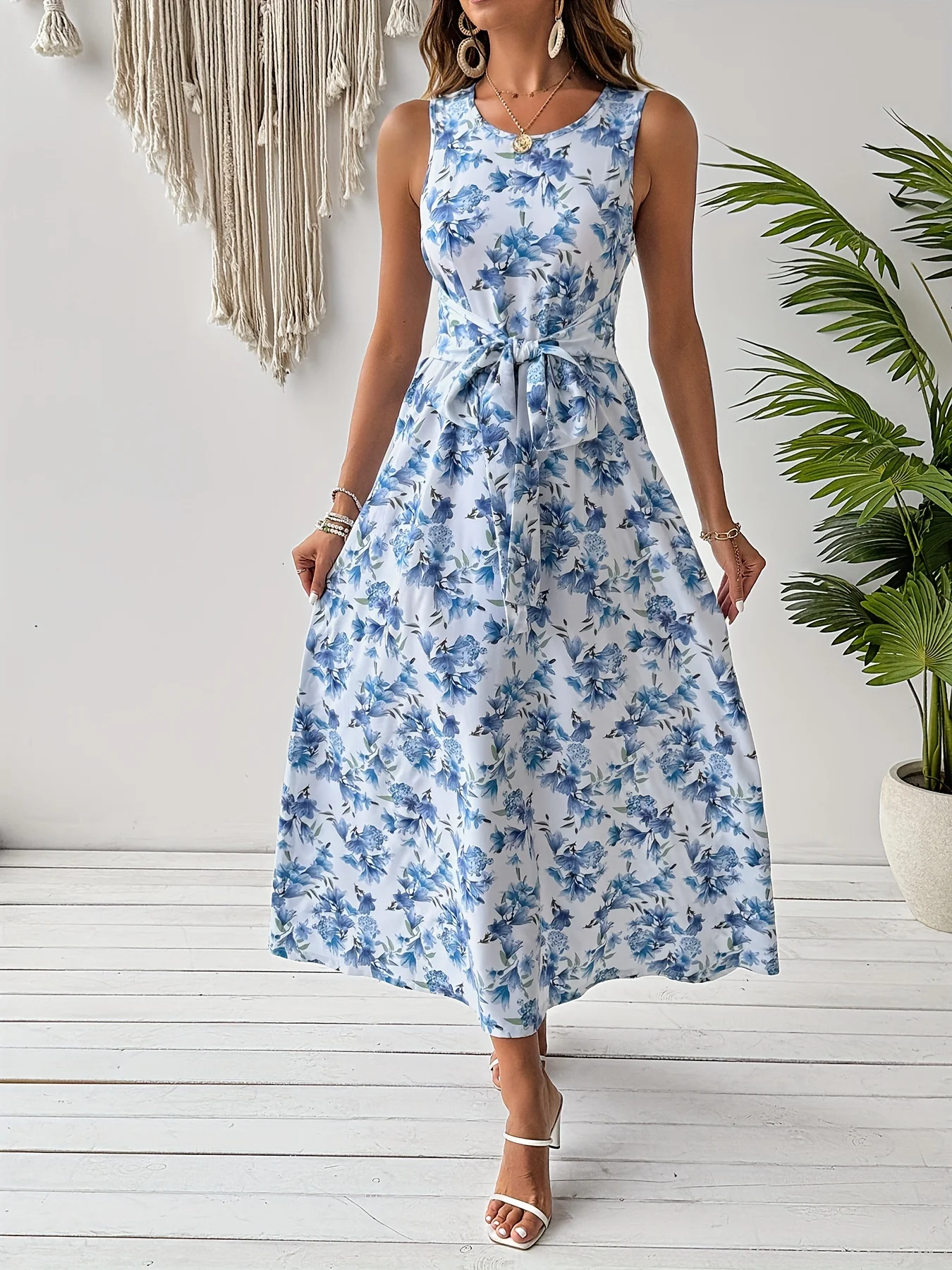 Latest custom dinner dresses for ladies and elegant floral printed midi dress with round neck and sleeveless for women