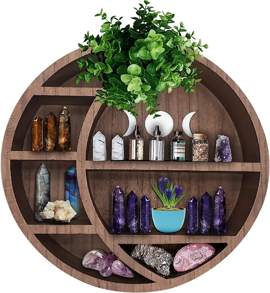 Essential wooden wall mounted round moon Shelf Crystal Display rack  Living Room Decor storage wooden display rack for bedroom