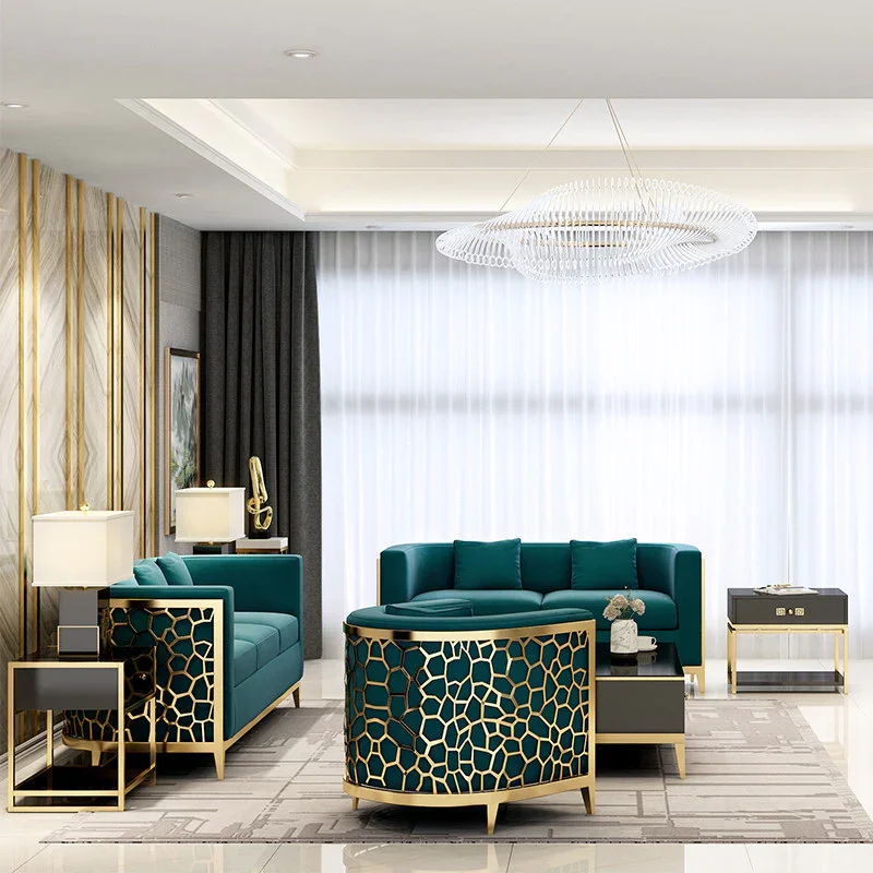 High end modern design 3+2 seat blue color velvet fabric metal frame America style house furniture  luxury living room sofa