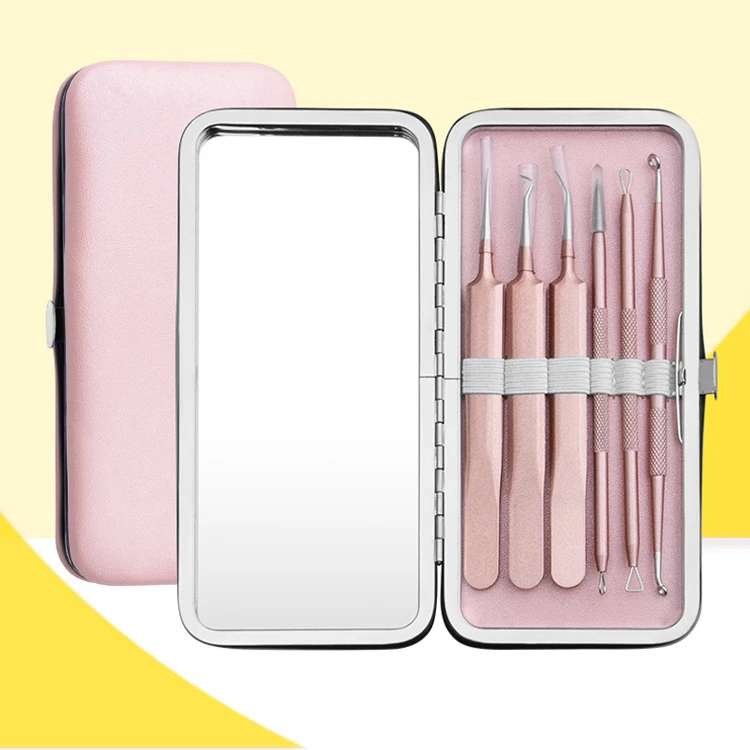 High quality fashion 6 PCS pimple popper tool kit acne needle blackhead tweezers set with mirror box