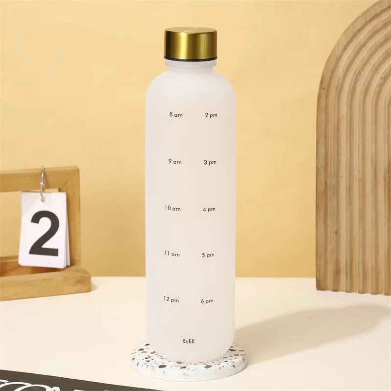 1 Litre Plastic Frosted Water Bottle with Gold Lid Motivational Timestamps for Camping Tours Adults Drinking