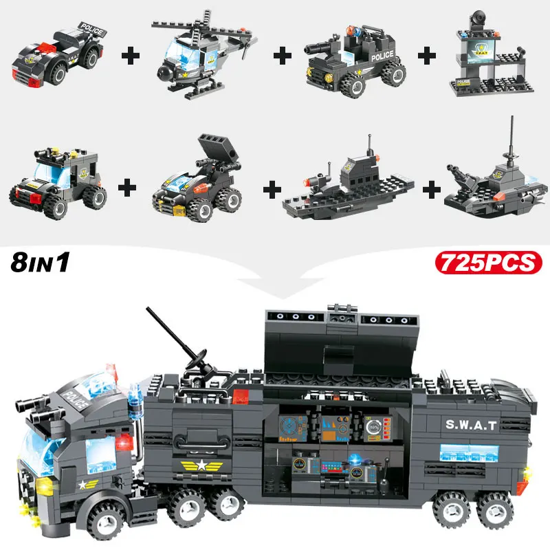 725pcs 8 IN 1 City SWAT Truck Car Robot Building Blocks Compatible Legoinglys City Police Station Bricks Toys for Boys Children