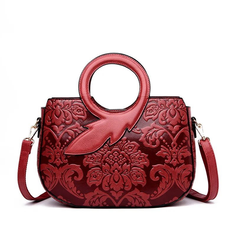 Stylish Vintage large capacity Lady luxury purse women handbag with handle and flower embossed pattern
