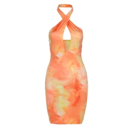 2022 Summer Tie Dyed Print Cross Halter  Bodycon Dress Party Clubwear Skinny Sleeveless Women Dresses