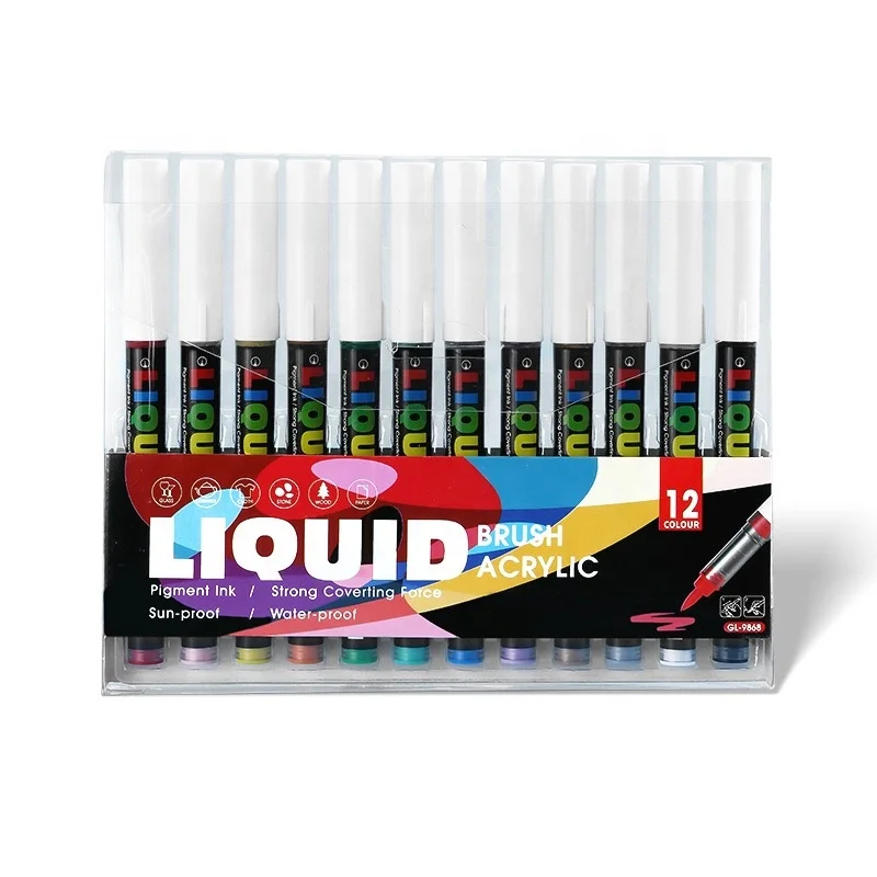 12 colors Direct-liquid Ink Roller Type Acrylic Paint Marker with Soft Brush