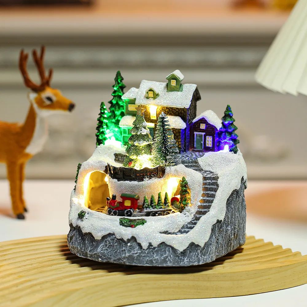 Xmas Navidad Resina Personalized Resin Christmas Ornaments Christmas Glowing Snow House Music Box With Rotating Train