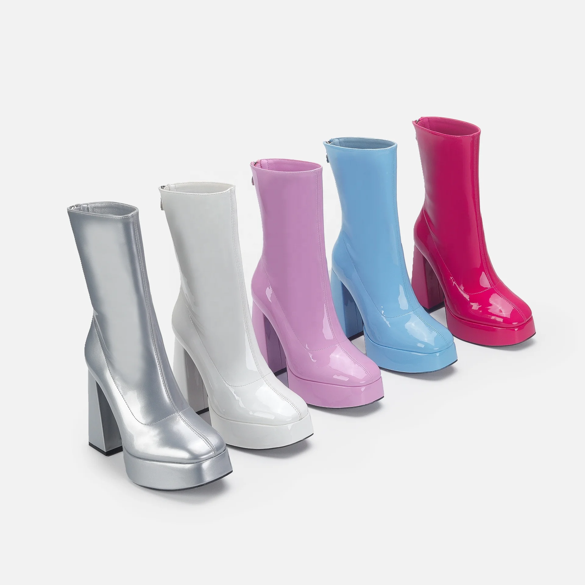 BUSY GIRL DS4467 Women Boots Size 11 Platform Block High Heels 2024 Silver Hot Pink Patent Leather Ladies Stretch Ankle Boots