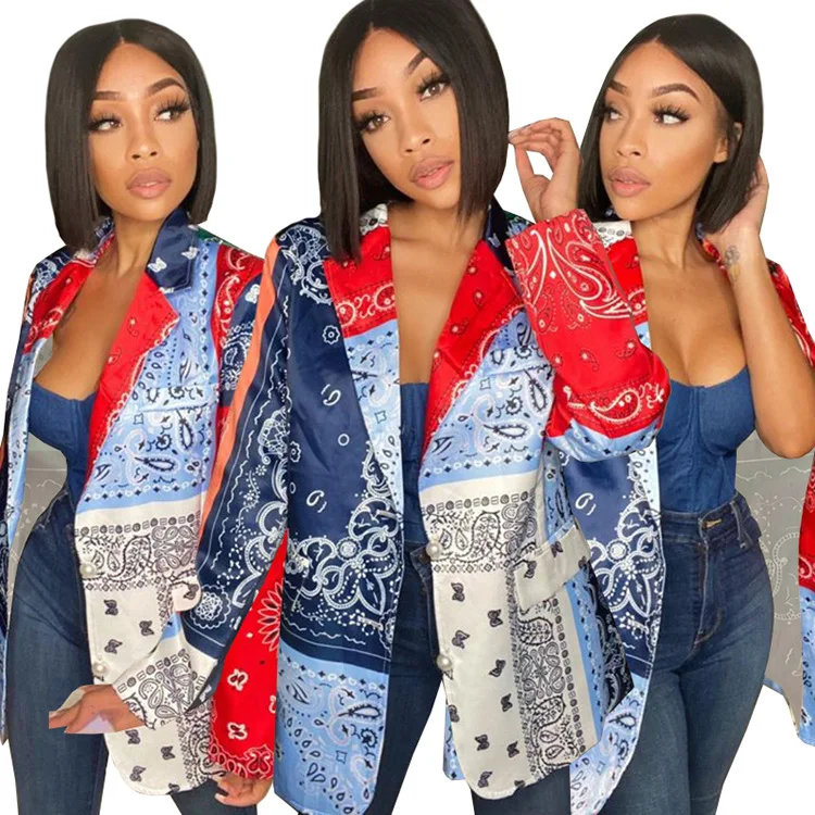 
Bandana Paisley Print Women Blazer Autumn Long Sleeve Turn Down Collar Single Breasted Office Lady Vintage Trench Coats 