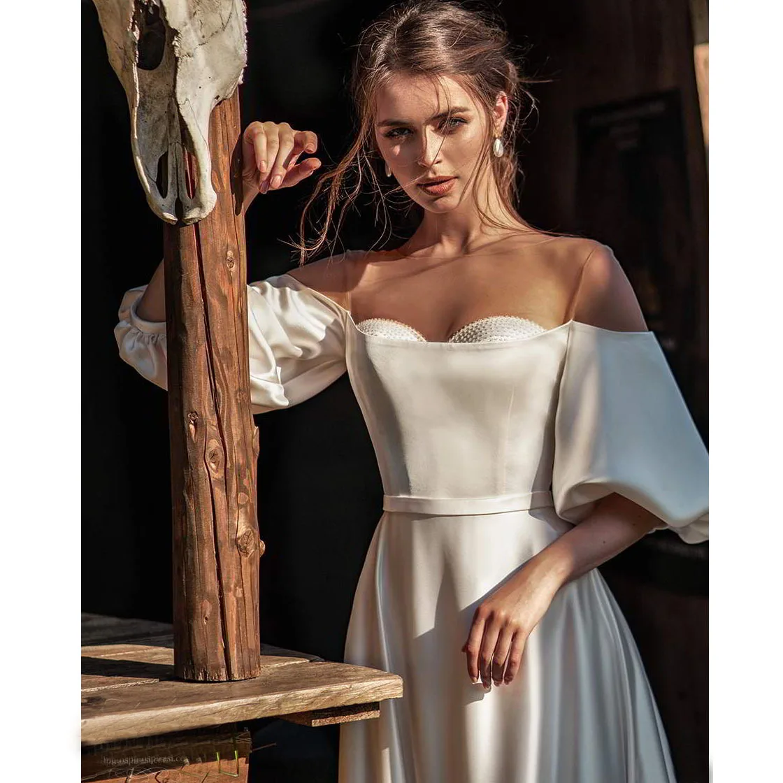 Wrapped Chest Temperament Lantern Sleeve Suspender Evening Bridesmaid Dresses Long Wedding