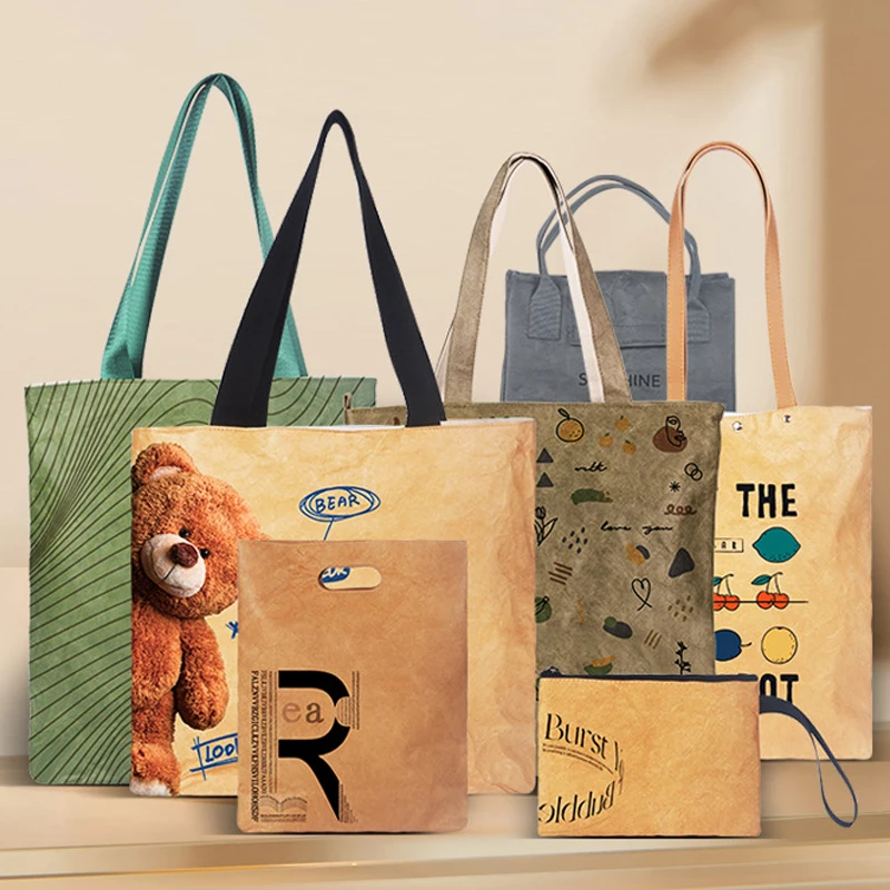 Wholesale Reusable Custom Logo Printed Waterproof Washable Plain Brown Kraft Dupont Tyvek Paper Packaging Shopping Tote Bag