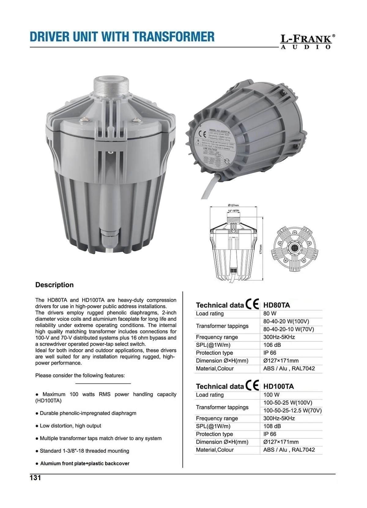 Spec HD100TA HD80TA HD60TA