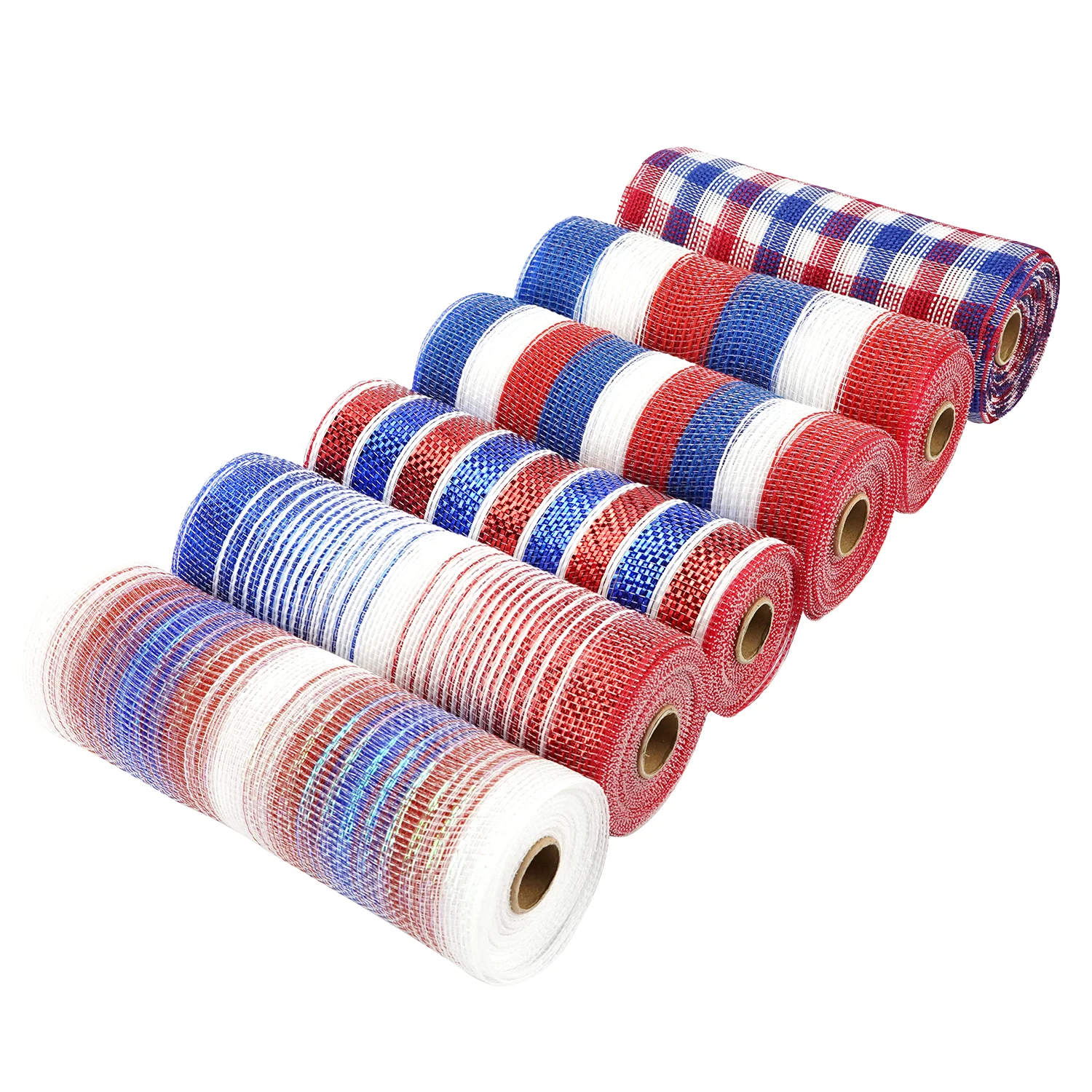 Huihuang Factory Custom Deco Metallic Mesh Foil Striped Plaid Mesh Rolls For Diy Independence Day Project Wreaths Party Decorate