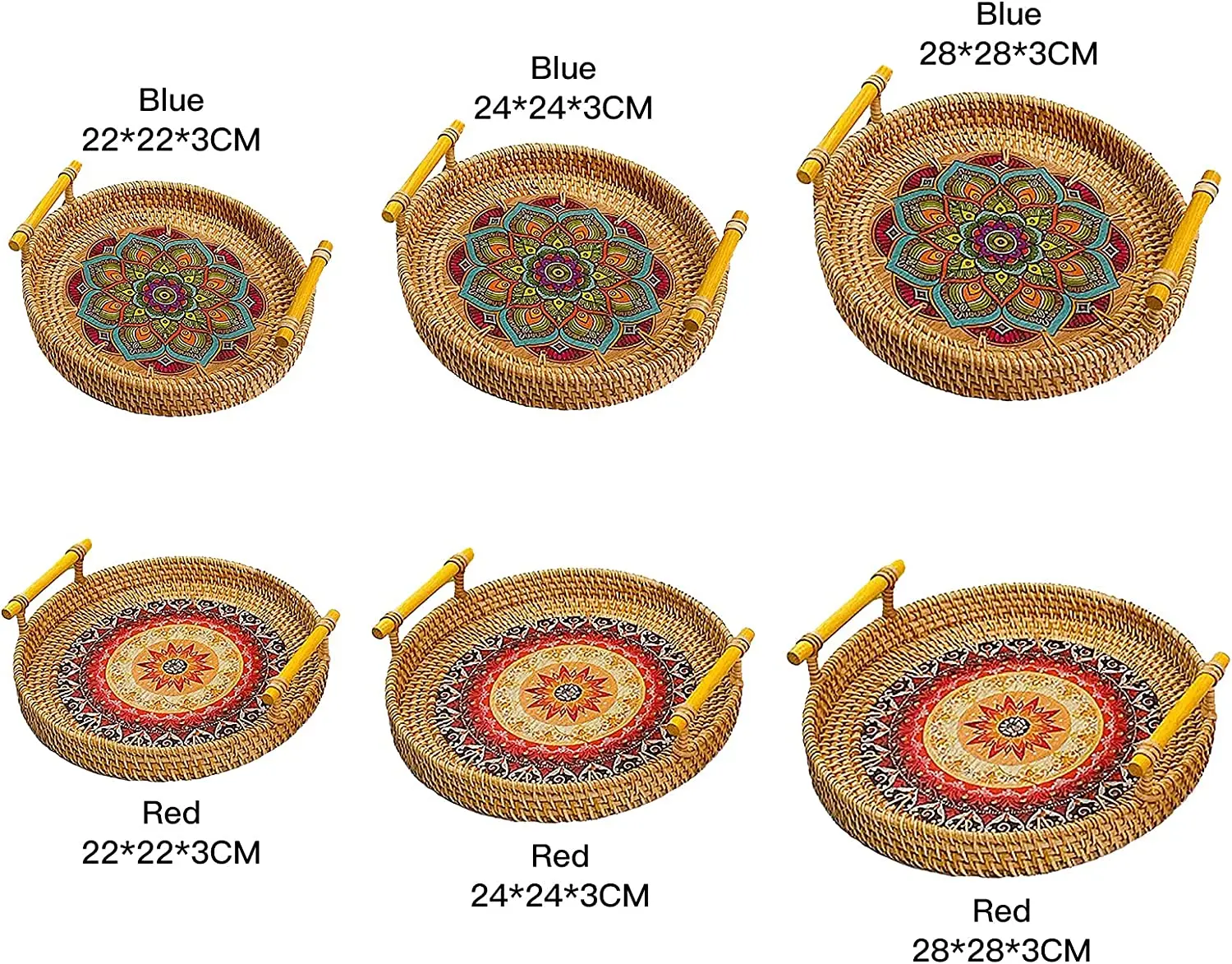 Плетеные подносы в стиле бохо для домашнего декора, кофейный столик, обеденный стол, кухонный органайзер, круглая корзина с ручками, сервировочный поднос из ротанга