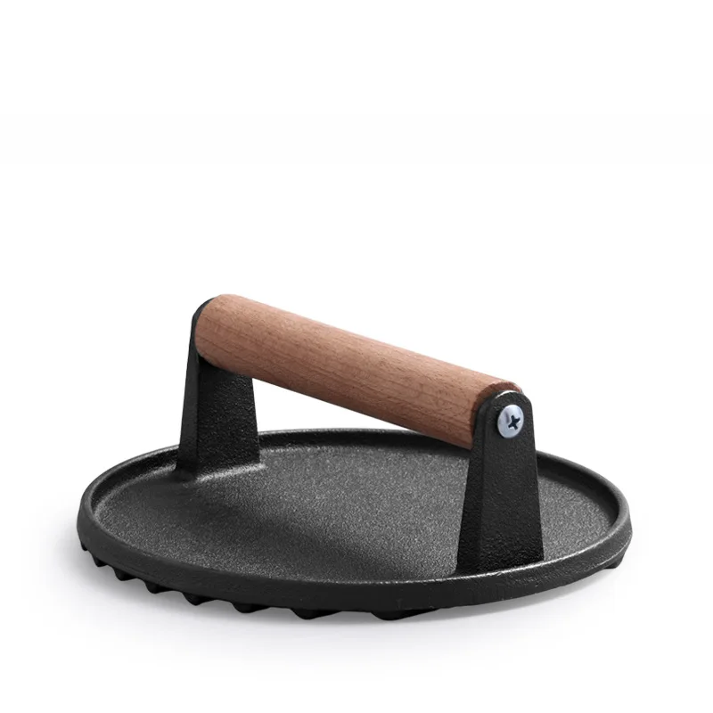 Non-stick cast iron Round and Square Iron Hamburger Bacon Meat Crusher Kit Hamburger Crusher with wooden handle