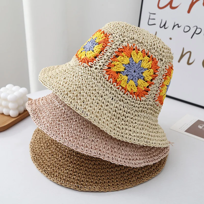 BESTELLA Summer Female Joker Sun Hat Sunscreen Bucket Cap with Red Woven Flower Straw for Beach and Fishing Boho