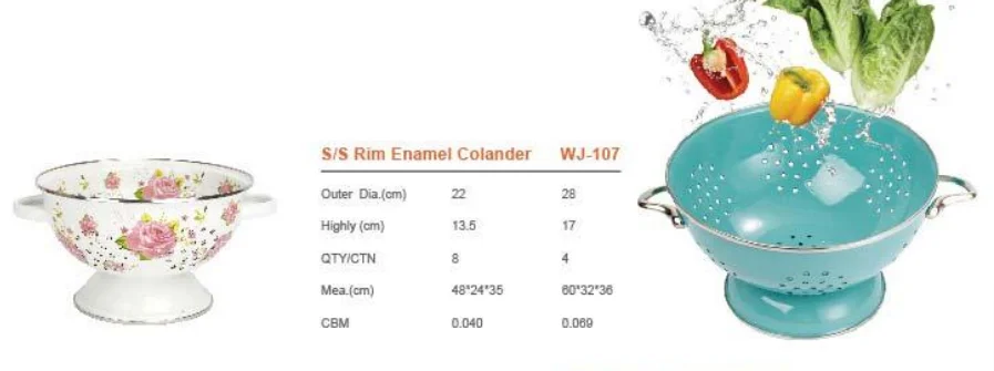 Promotional Customized Vintage Retro Nordic Eco Friendly Blue Carbon Steel Can Enamel Colander for Food Fruits