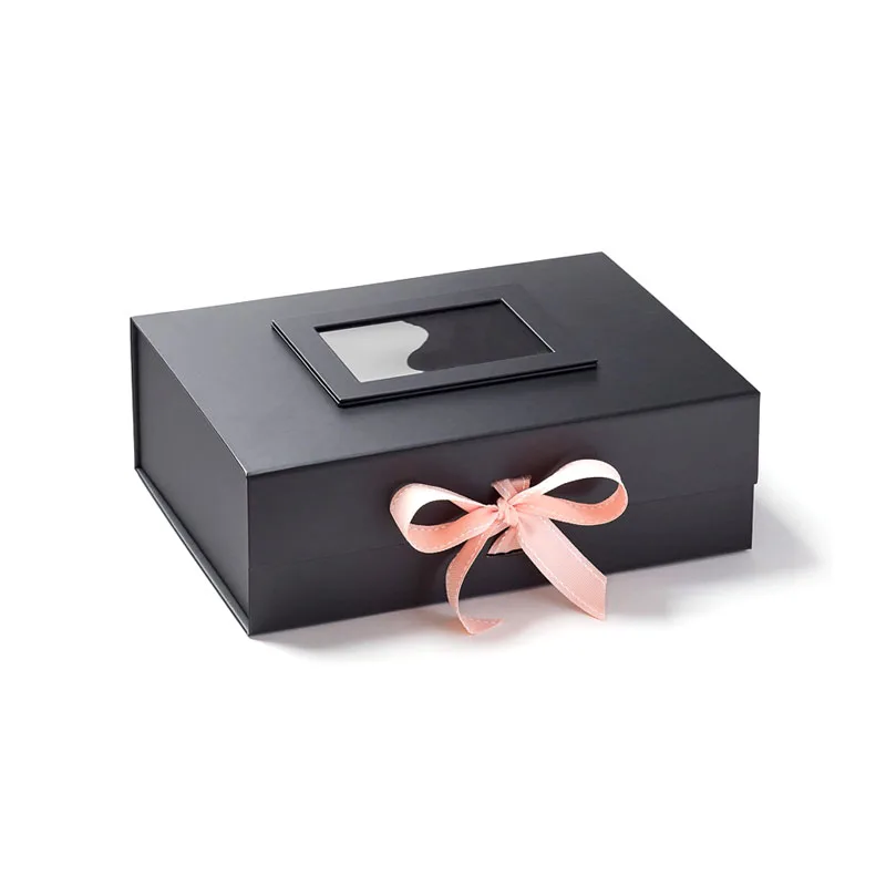 Wholesale rigid ribbon luxury black folding magnetic cardboard custom logo printed gift packaging paper box